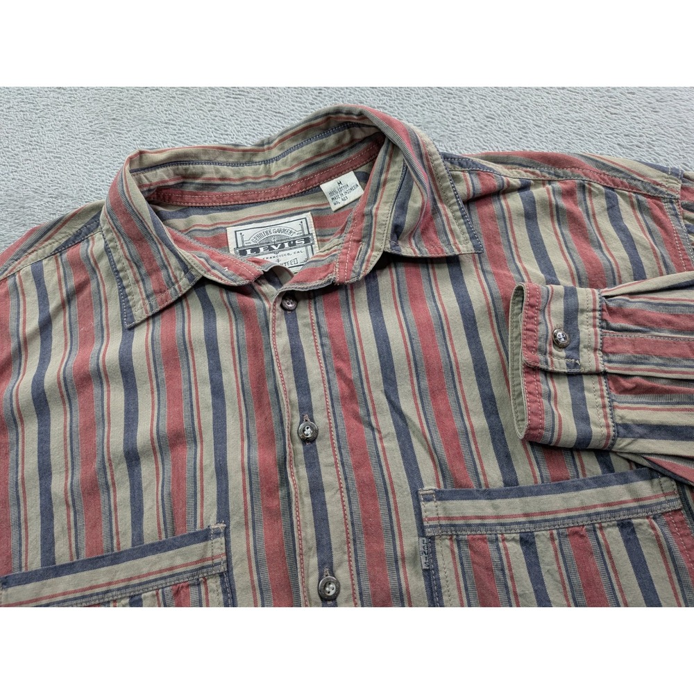Vintage Levis Mens Medium Striped Button Down Shirt Red Blue Cotton Long Sleeve